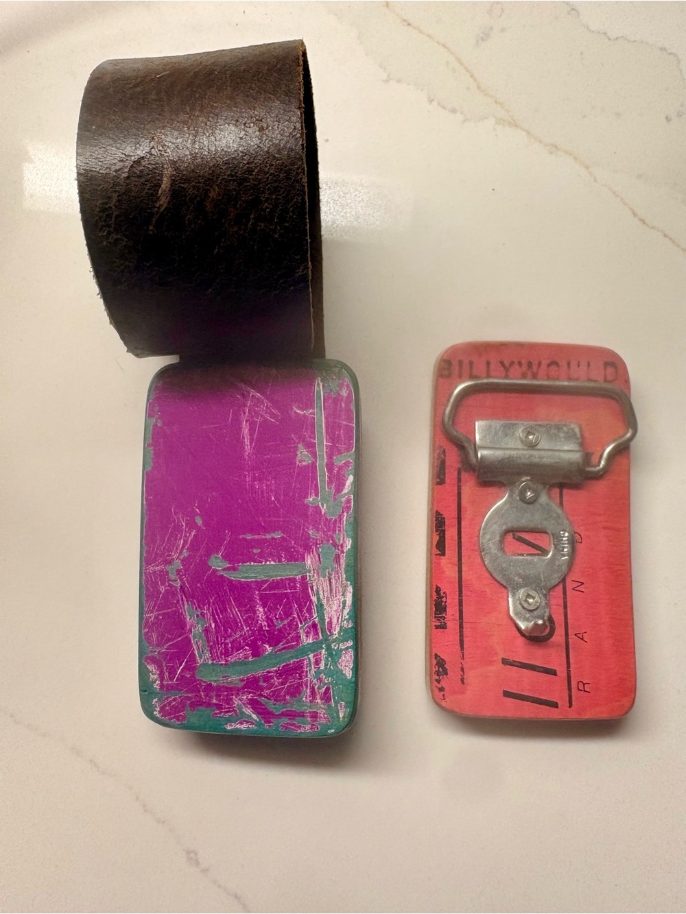 Canadian Artist Billy Would - reclaimed skate deck belt buckles & leather belt